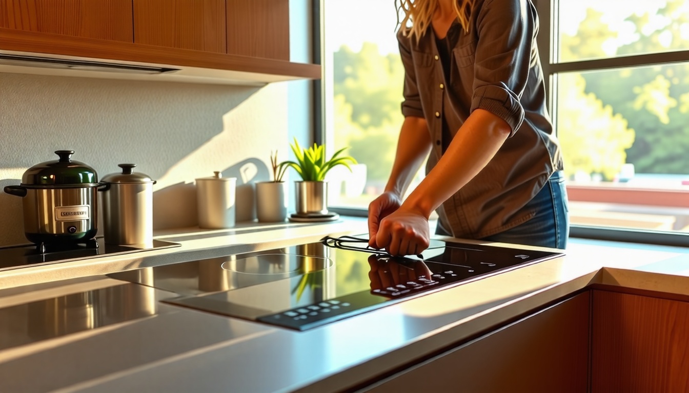 Une personne en train d'installer une cuisinière à induction dans une cuisine moderne, mettant l'accent sur les bras et les mains connectant les fils, entourée d'appareils en acier inoxydable et baignée de lumière naturelle.