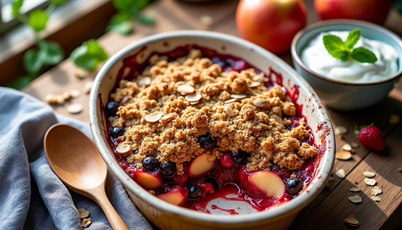 découvrez notre crumble sans beurre, une alternative légère et savoureuse au dessert classique. préparé avec du yaourt, il ravira vos papilles tout en respectant vos envies de légèreté. parfait pour les gourmands soucieux de leur santé !