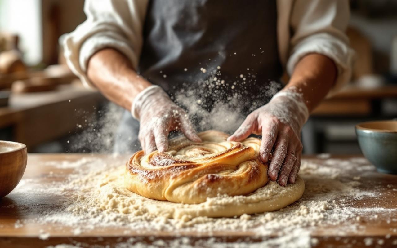 Un boulanger en train de préparer la pâte pour le kouign-amann dans une cuisine chaleureuse, avec un comptoir en bois et de la lumière douce qui entre par la fenêtre.