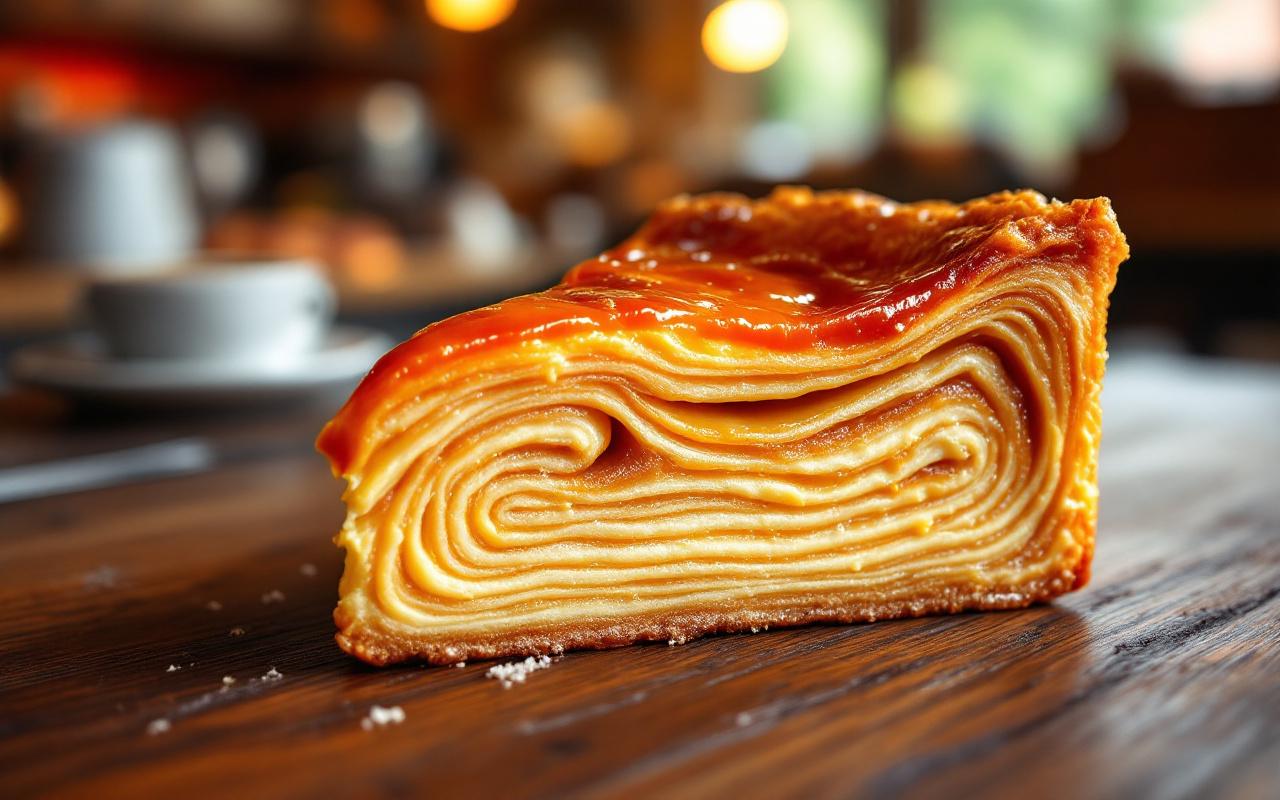 Une tranche de kouign-amann avec une croûte de caramel, mise en valeur sur une table en bois rustique, éclairée par une lumière naturelle chaude.