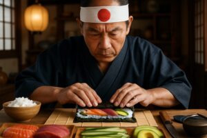 chef japonais préparant le Maki Sushi traditionnel
