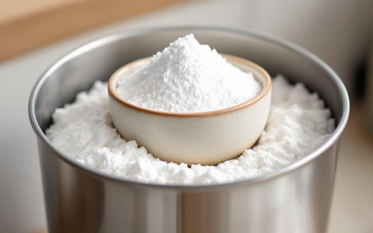 Petit bol en céramique contenant du bicarbonate de soude posé à l'intérieur d'une poubelle de cuisine en acier inoxydable, éclairage naturel doux, textures réalistes