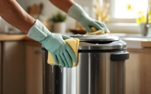 Main gantée nettoyant une poubelle de cuisine moderne en acier inoxydable avec une éponge savonneuse, mousse visible, lumière naturelle volumétrique entrant par la fenêtre, comptoir et évier en arrière-plan, tons clairs et réalistes.