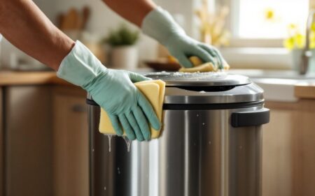 Main gantée nettoyant une poubelle de cuisine moderne en acier inoxydable avec une éponge savonneuse, mousse visible, lumière naturelle volumétrique entrant par la fenêtre, comptoir et évier en arrière-plan, tons clairs et réalistes.