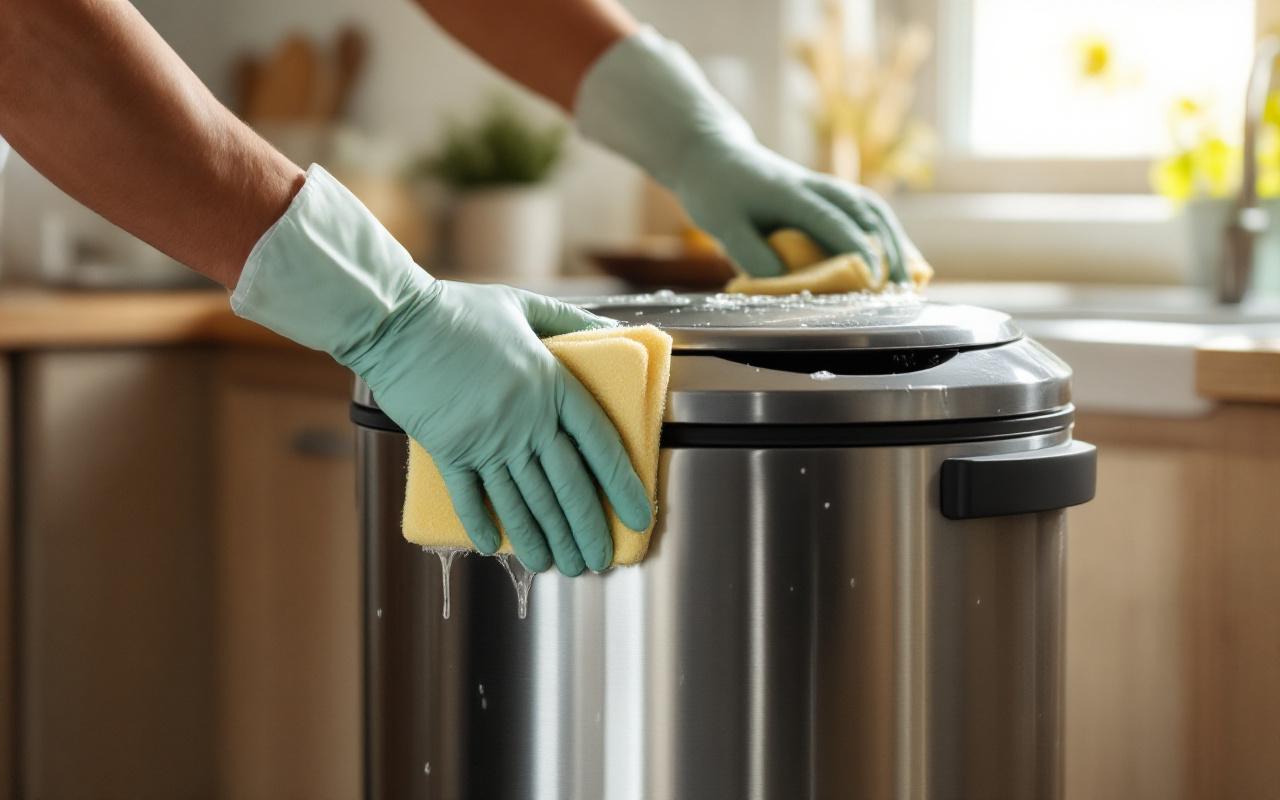 Main gantée nettoyant une poubelle de cuisine moderne en acier inoxydable avec une éponge savonneuse, mousse visible, lumière naturelle volumétrique entrant par la fenêtre, comptoir et évier en arrière-plan, tons clairs et réalistes.
