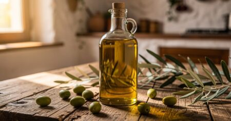 Bouteille d'huile d'olive dorée sur une table en bois avec des olives fraîches