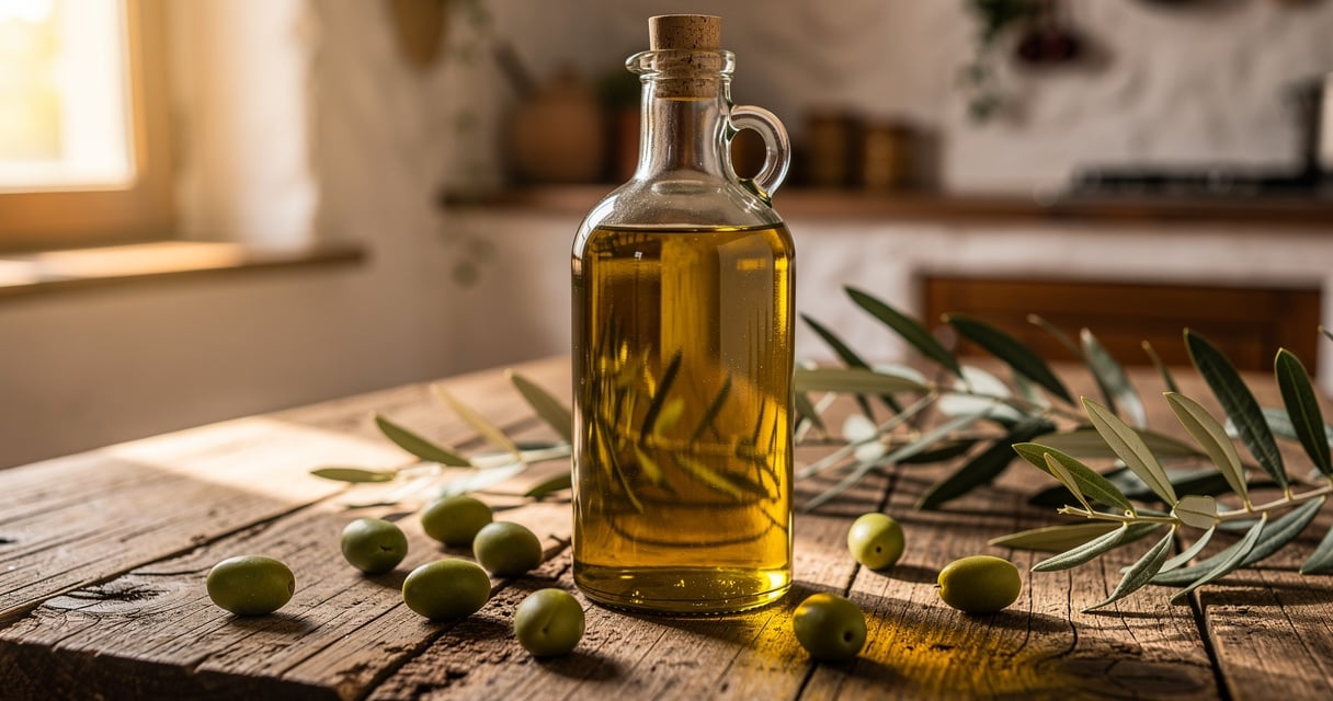 Bouteille d'huile d'olive dorée sur une table en bois avec des olives fraîches