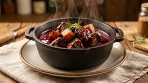 Assiette avec civet de sanglier mijoté, servi dans une cocotte en fonte, sauce au vin rouge, ambiance de cuisine rustique avec vapeur légère et éclairage chaleureux.
