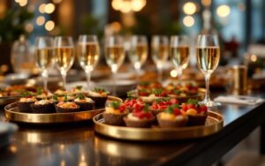 Cocktail d’entreprise haut de gamme dans un espace professionnel élégant, avec plateaux de pièces gastronomiques et verres fins disposés sur des plateaux, éclairage chaud et ambiance raffinée.
