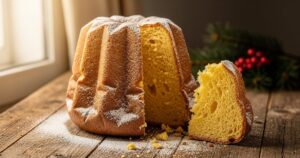 Pandoro italien doré saupoudré de sucre glace sur une table en bois rustique