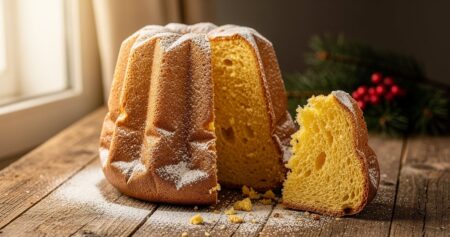 Pandoro italien doré saupoudré de sucre glace sur une table en bois rustique