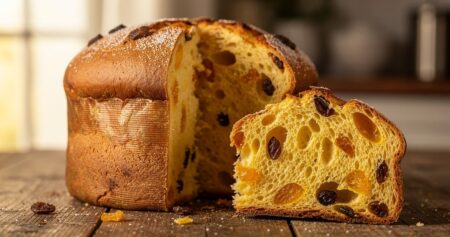 Panettone italien traditionnel coupé sur une planche en bois