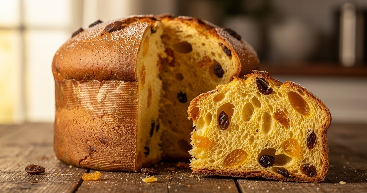 Panettone italien traditionnel coupé sur une planche en bois
