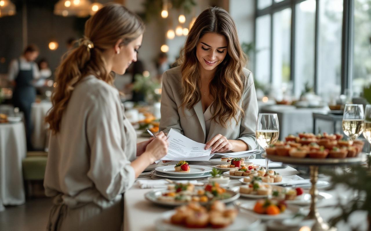 Une responsable événementielle compare des devis traiteur près d’une table élégante de pièces cocktail raffinées, tandis qu’un service discret s’active en arrière-plan dans une salle moderne.