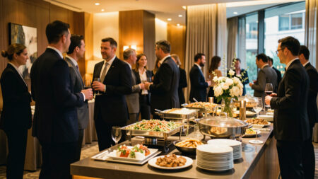 Cocktail d’entreprise élégant avec des invités debout près d’un buffet raffiné, une ambiance chaleureuse et un espace bien organisé.