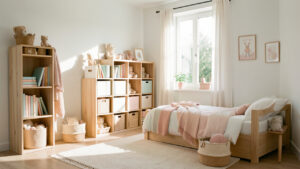 Chambre d’enfant lumineuse avec mobilier en bois clair, rangements pratiques et ambiance douce et chaleureuse, avec une lumière naturelle et des couleurs pastel.