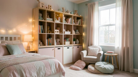 Chambre d’enfant chaleureuse aux tons doux, rangements pratiques, coin lecture cosy avec fauteuil et coussins au sol, ambiance cocooning éclairée par une lampe et des guirlandes.