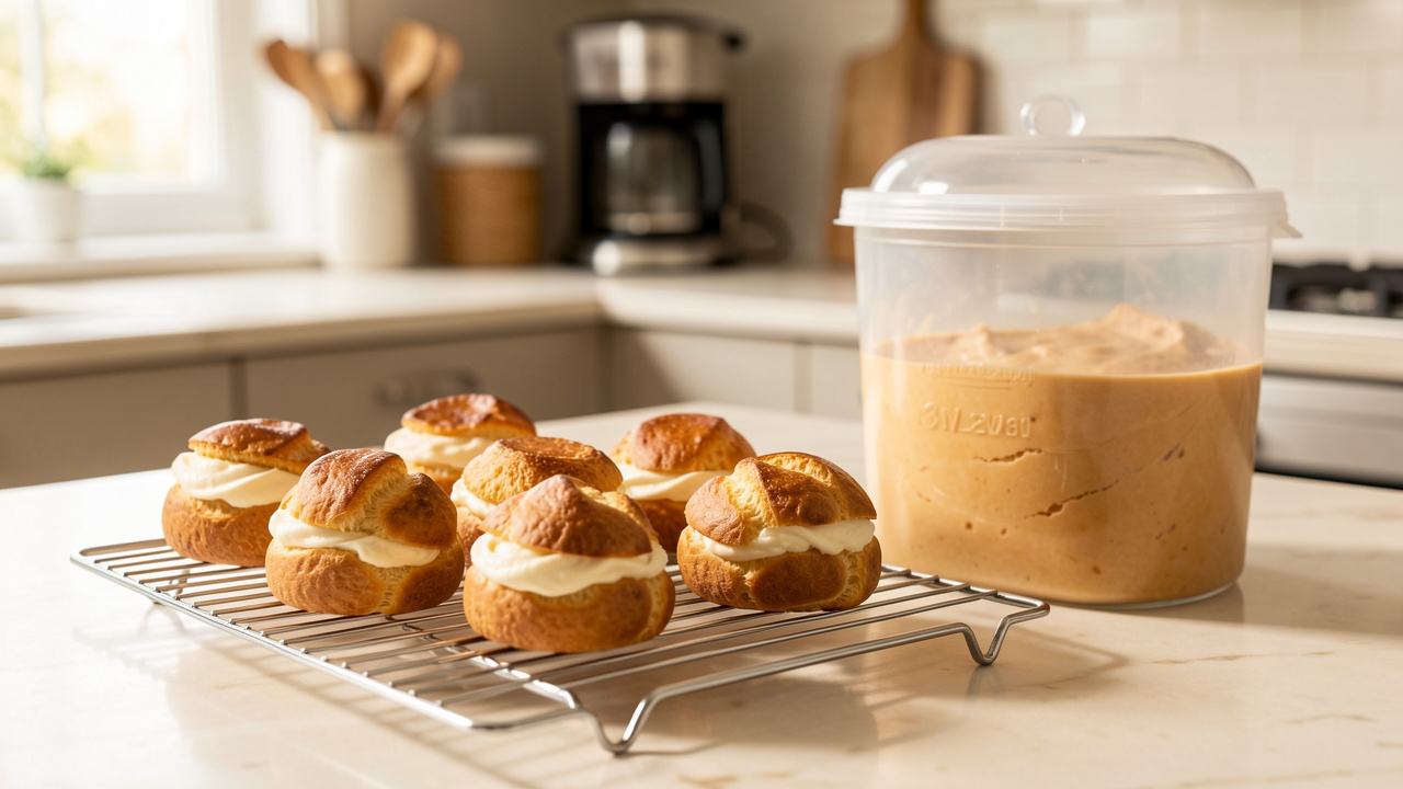 Choux à la crème dorés et croustillants disposés sur une grille à côté d’une boîte hermétique.