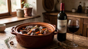 Daube de bœuf mijotée dans une cocotte, accompagnée d’un vin rouge de Bordeaux dans une bouteille sans étiquette.