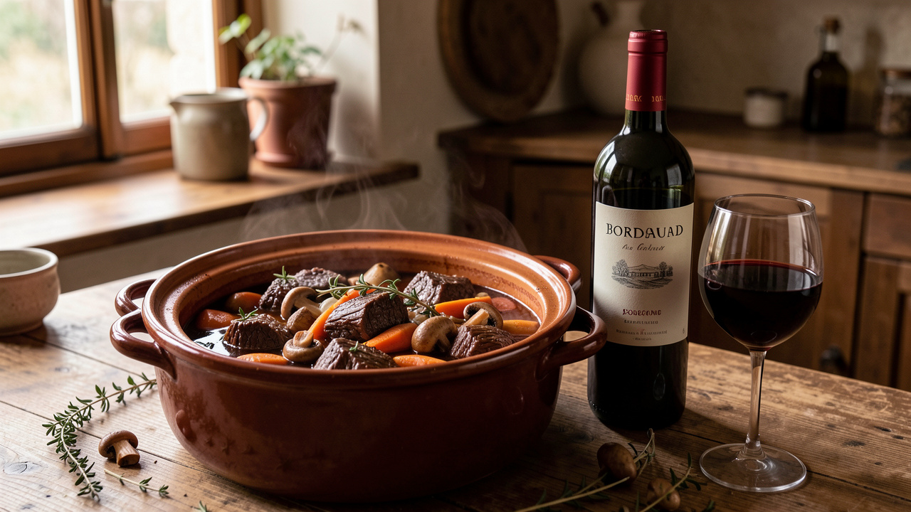 Daube de bœuf mijotée dans une cocotte, accompagnée d’un vin rouge de Bordeaux dans une bouteille sans étiquette.