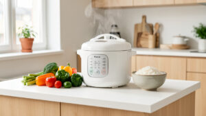 Multicuiseur blanc compact posé sur un petit plan de travail lumineux, entouré de légumes frais et d’un bol de riz dans une cuisine urbaine bien rangée.