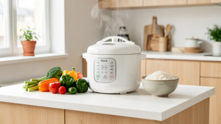 Multicuiseur blanc compact posé sur un petit plan de travail lumineux, entouré de légumes frais et d’un bol de riz dans une cuisine urbaine bien rangée.