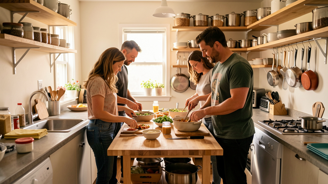 Quatre adultes préparent ensemble un repas dans une petite cuisine sans plan de travail fixe, organisée autour d’une table mobile compacte et de rangements verticaux.