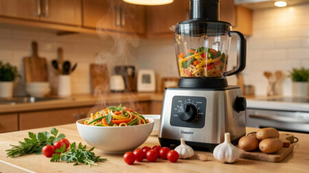 Robot de cuisine moderne accompagné d’un plat de pâtes aux légumes fumant et d’ingrédients frais disposés dans une cuisine chaleureuse.