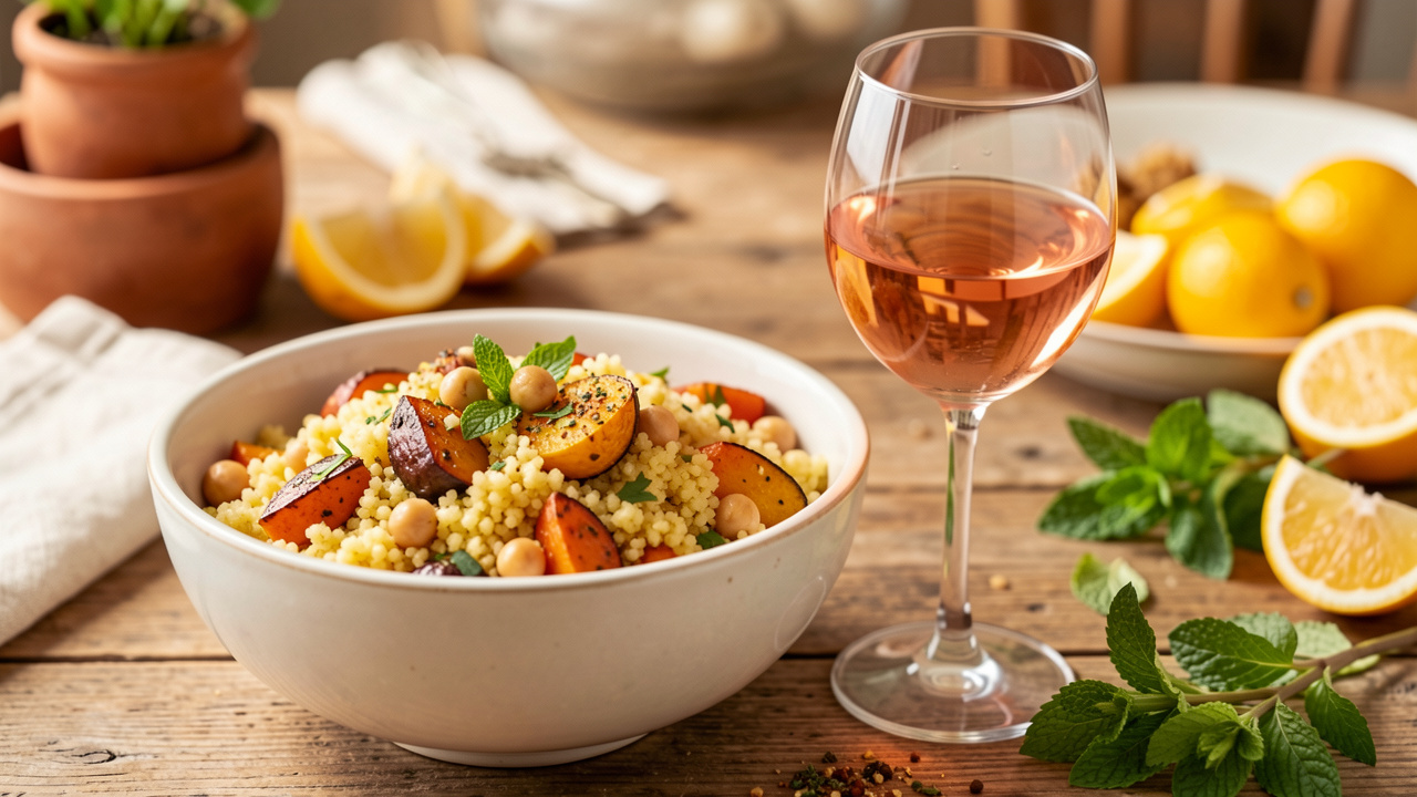 Bol de couscous végétarien épicé accompagné d’un verre de rosé frais, avec des herbes fraîches et des agrumes sur une table rustique.