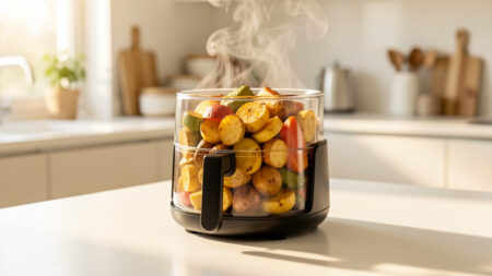 Appareil de cuisson compact posé sur un plan de travail clair, avec un contenant en verre rempli de légumes rôtis dorés dans une cuisine contemporaine.