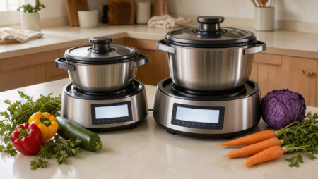 Deux robots cuiseurs multifonctions modernes avec bols en inox, écrans tactiles lumineux et légumes frais sur un plan de travail dans une cuisine familiale chaleureuse.