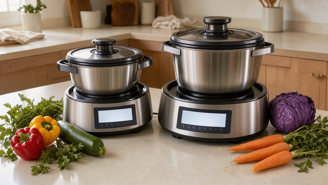 Deux robots cuiseurs multifonctions modernes avec bols en inox, écrans tactiles lumineux et légumes frais sur un plan de travail dans une cuisine familiale chaleureuse.
