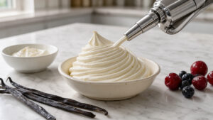 Un siphon à chantilly dépose une crème fouettée légère et bien tenue sur un dessert, dans une cuisine lumineuse.