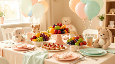 Table d’anniversaire familiale décorée avec des fruits frais, des mini-bouchées colorées et des accessoires doux pour bébé.