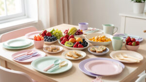 Table d’anniversaire pastel décorée de fruits frais, de bouchées saines et de vaisselle adaptée aux bébés, éclairée par une douce lumière naturelle.