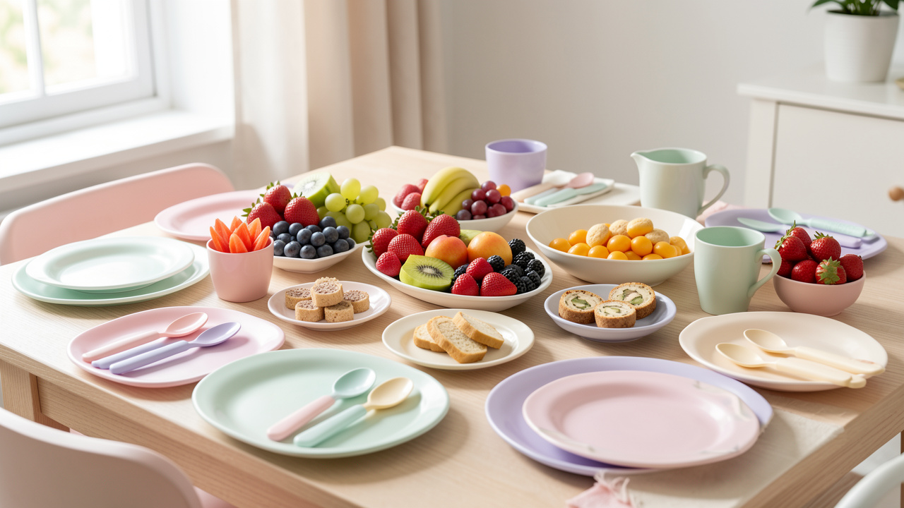 Table d’anniversaire pastel décorée de fruits frais, de bouchées saines et de vaisselle adaptée aux bébés, éclairée par une douce lumière naturelle.